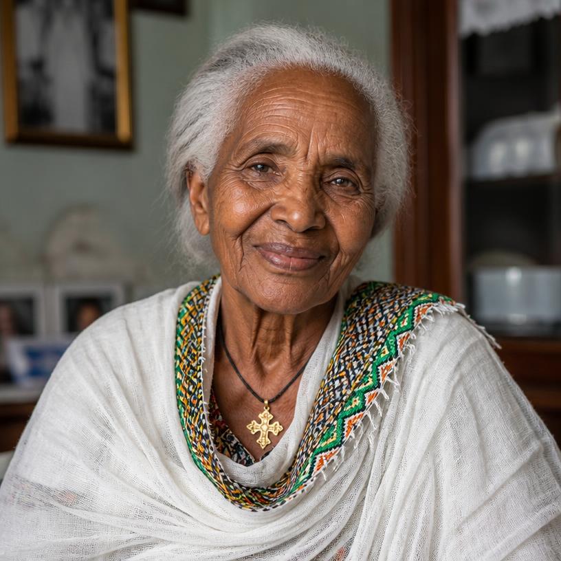 Profile photo of Grandma Abeba in a white netsela with tibeb border