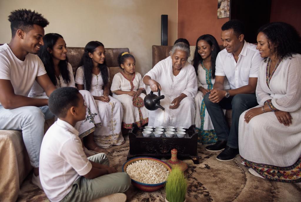 Traditional Eritrean coffee ceremony with a jebena pot, small cups and popcorn on a rekebot tray